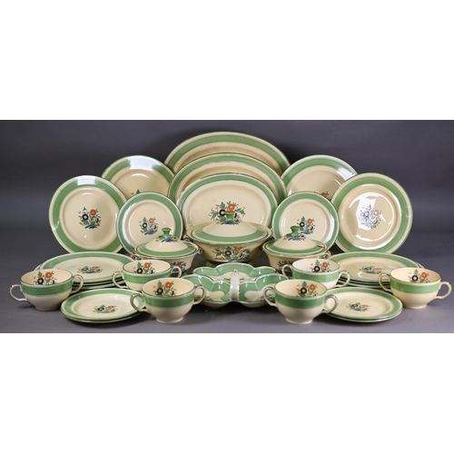 602 - Minton Art Deco pottery 'Daisy' pattern dinner service for six printed and painted with stylised flo... 