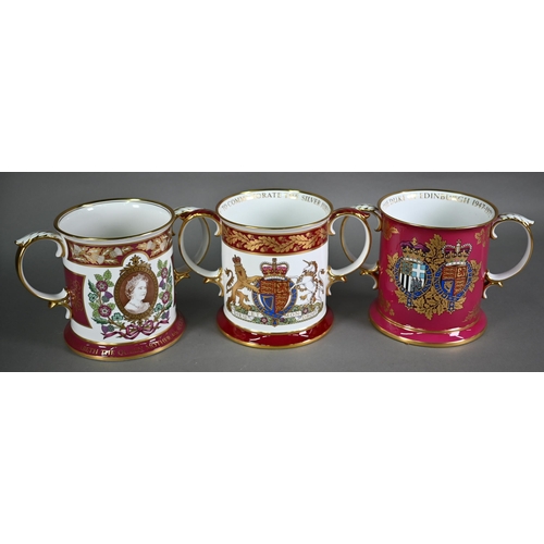 607 - Three boxed Spode ltd ed large Royal Commemorative loving cups - 1972 Silver Wedding no 360/500, 197... 