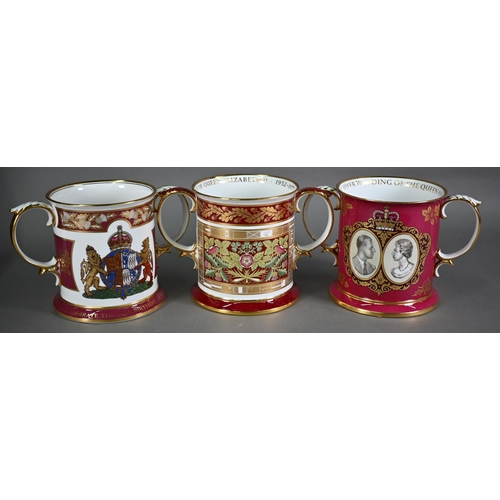 607 - Three boxed Spode ltd ed large Royal Commemorative loving cups - 1972 Silver Wedding no 360/500, 197... 