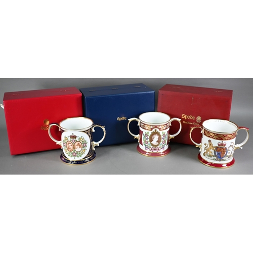 608 - Three boxed Spode limited edition large Royal Commemorative loving cups - 1977 Silver Wedding 249/50... 