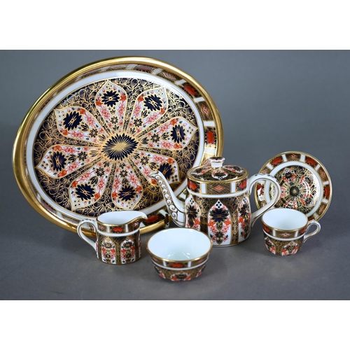 615 - Boxed Royal Crown Derby China Imari six-piece miniature tea set including tray, teapot, milk and sug... 