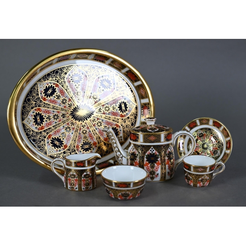 615 - Boxed Royal Crown Derby China Imari six-piece miniature tea set including tray, teapot, milk and sug... 