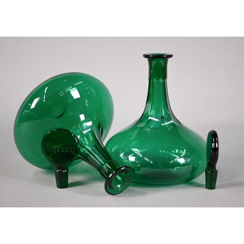 621 - Pair of Victorian green glass ship's decanters, the flattened stoppers, engraved for Brandy and Sher... 