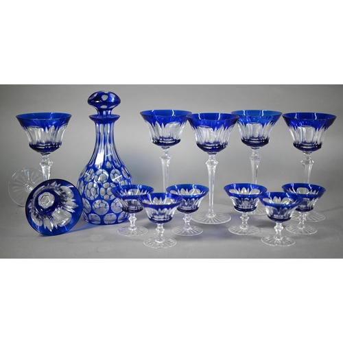 623 - Antique blue flash decanter and stopper, 25 cm high to/w six blue flash wine glasses and six sherry ... 