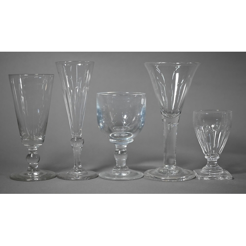 625 - Three Georgian ale-glasses of fluted tapering form, with ground out pontils, 17 cm to/w three short ... 