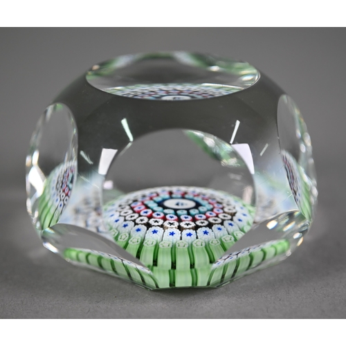 627 - Whitefriars facetted glass millefiore cane paperweight, centred by a sailing ship, the date-cane ins... 