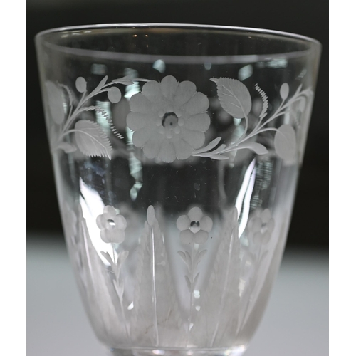 633 - Victorian glass goblet, the bowl wheel-etched with flower and foliage, on hexagonal waisted hollow s... 