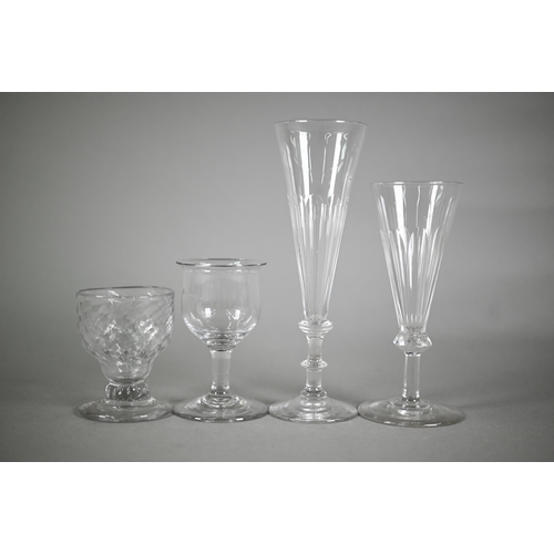 634 - Two Georgian fluted ale glasses with tapering bowls, 19/15 cm to/w a spiral-fluted bonnet glass and ... 