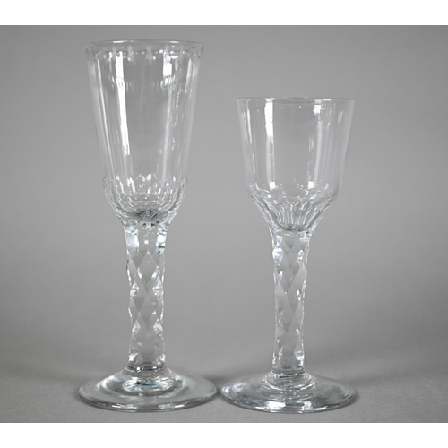 637 - Georgian wine glass, the tapering bowl with concave and thumbnail cutting on facetted 'honeycomb' st... 