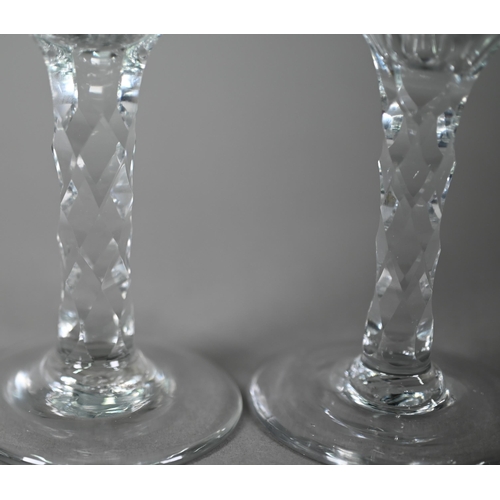 637 - Georgian wine glass, the tapering bowl with concave and thumbnail cutting on facetted 'honeycomb' st... 