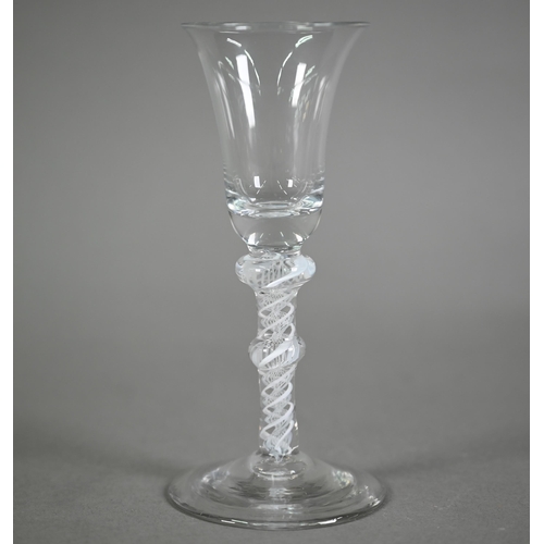 644 - A Georgian cordial glass with flared rim on double-knop stem with double opaque twist and domed foot... 