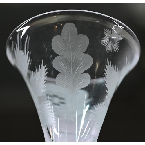 645 - Jacobite glass - the trumpet-shaped bowl wheel-etched with flowering rose, birds and oak-leaf, on ai... 