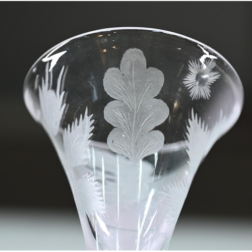 645 - Jacobite glass - the trumpet-shaped bowl wheel-etched with flowering rose, birds and oak-leaf, on ai... 