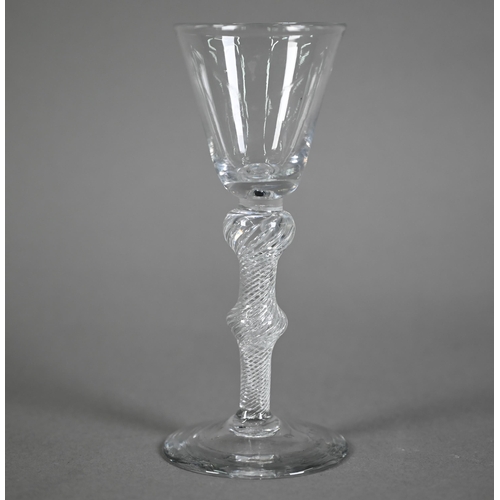 647 - A Georgian cordial glass with tapering bowl on double knop air-twist stem with dome foot, 15 cm