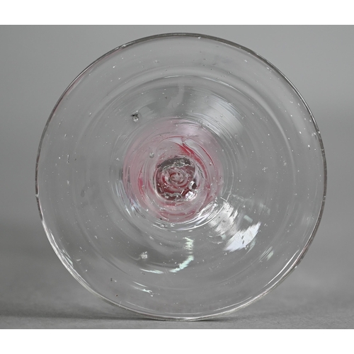 648 - A Georgian cordial glass cut with intertwined foliated guilloches, on red/white opaque triple-twist ... 