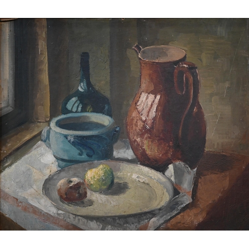 666 - 20th century Continental school - Still life study with pitcher, and fruit on a platter, oil on boar... 