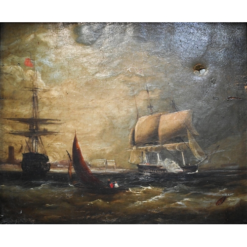 713 - Early 19th century English school - A pair of maritime views close to shore, oil on canvas, 24 x 29 ... 