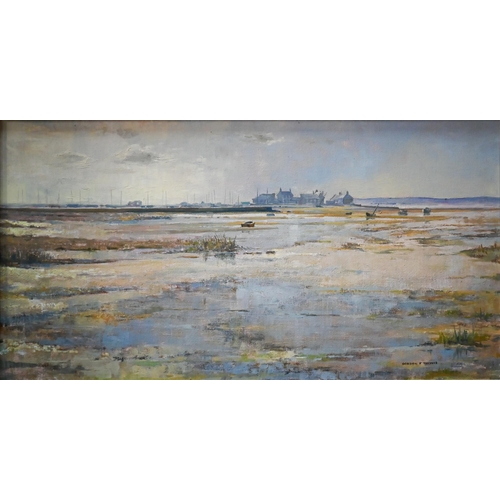 726 - Gordon F Thomas - View of Mudeford, Dorset, oil on canvas, signed lower right, 39 x 74 cm