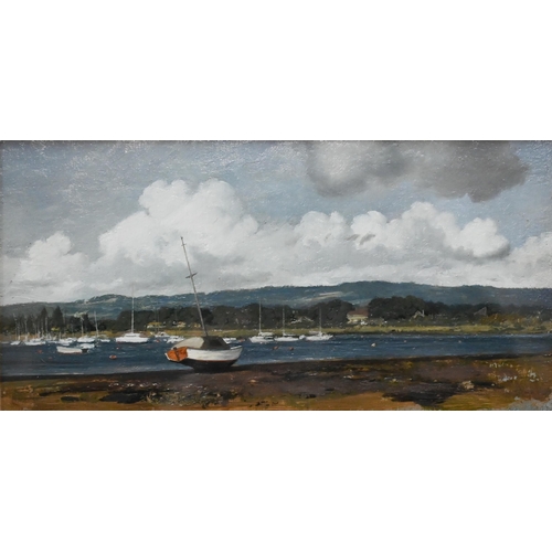 727 - Oliver Ommanney (b 1954) - 'The Exe Estuary', oil on card, 9.5 x 19 cm