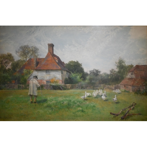 743 - Maud Naftel (1856-1890) - 'A Kentish Farm', rustic cottage view with elderly man herding geese, wate... 