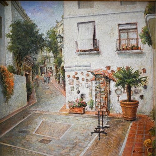 745 - Aldama - Marbella street view, oil on board, signed lower right, 62 x 62 cm 