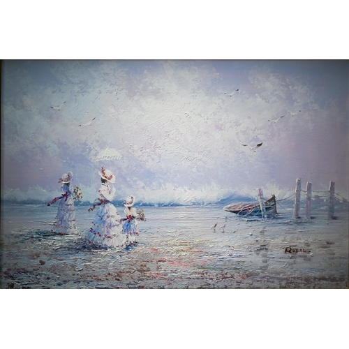 746 - Rossi - Impressionistic view of Victorian ladies on a beach, oil on canvas, signed lower right, 60 x... 