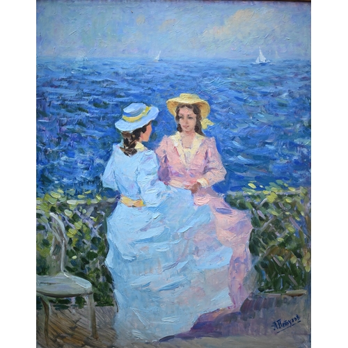 747 - A Henryrob? - Ladies on a terrace overlooking the sea, oil on board, signed lower right, 49 x 39 cm ... 