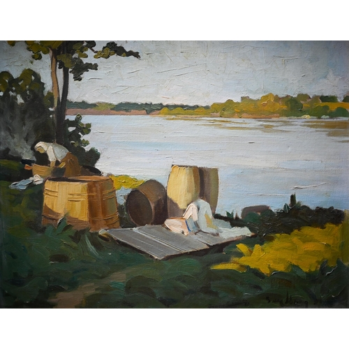 748 - Fritz Smedberg (1900-1977) - Riverbank with washerwoman, oil on canvas, signed lower right, 39 x 49 ... 