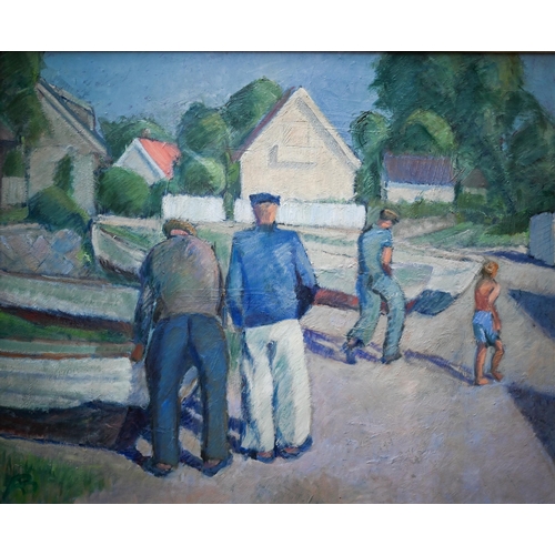 751 - AB - Figures at a boatyard, oil on board, signed lower right, 60 x 50 cm