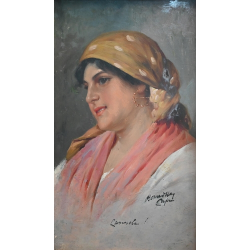 764 - Bernardo Hay (1864-1931) - Study of a gypsy lady 'Carmella', oil on card, signed and inscribed lower... 