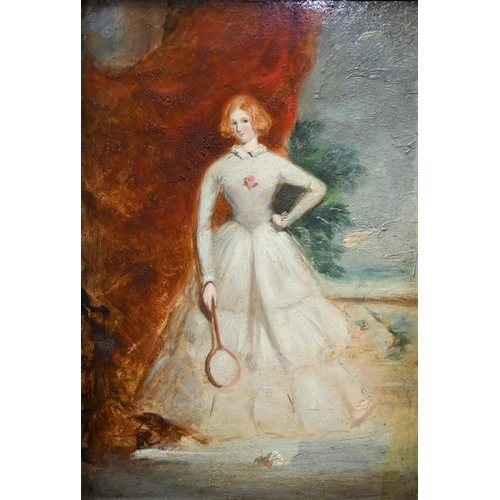 771 - 19th century French school - Young lady with badminton racquet, the shuttlecock on the floor, oil on... 