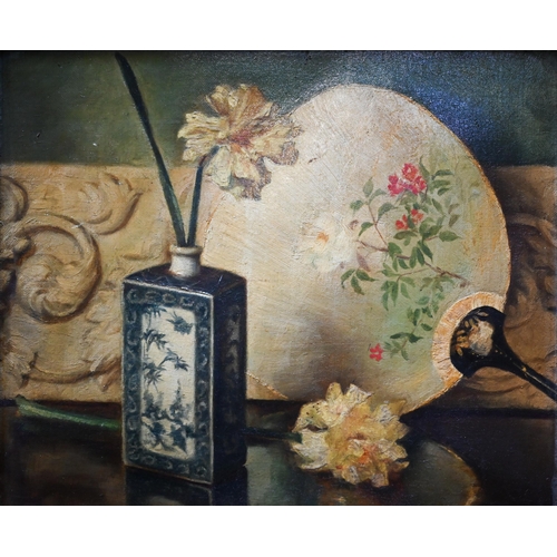 772 - Aesthetic style still life study with fan and blue and white Chinese vase, oil on canvas, 24.5 x 29 ... 