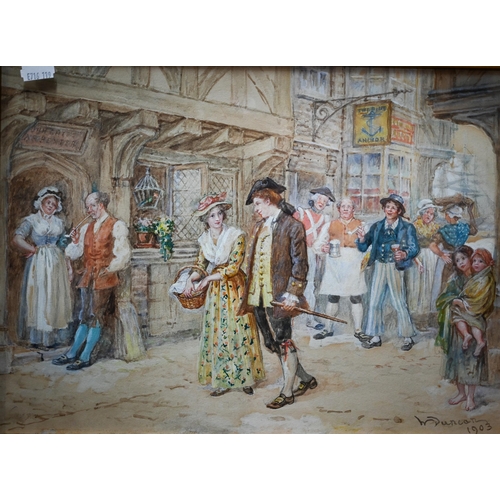 774 - W Duncan - A courting couple in a busy street in the 18th century style, watercolour, signed and dat... 