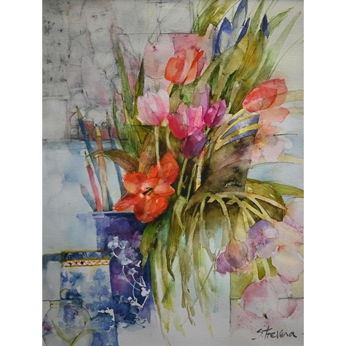 780 - Shirley Trevena (b 1940) - Two flower watercolour studies - 'Spring flowers in the studio', 46 x 35 ... 