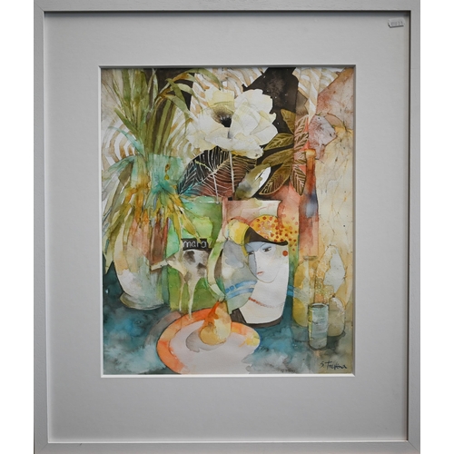 780 - Shirley Trevena (b 1940) - Two flower watercolour studies - 'Spring flowers in the studio', 46 x 35 ... 