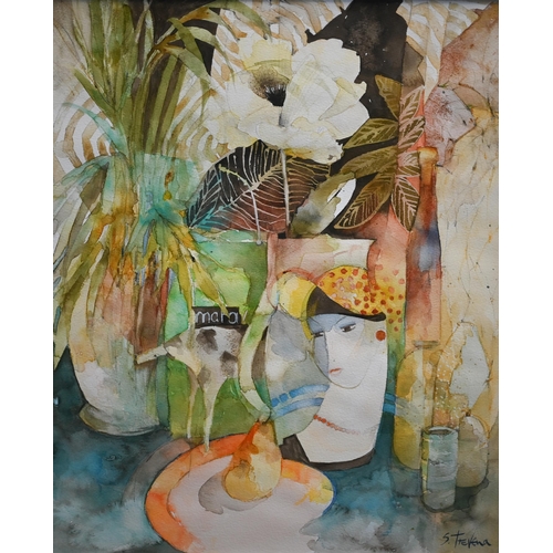 780 - Shirley Trevena (b 1940) - Two flower watercolour studies - 'Spring flowers in the studio', 46 x 35 ... 