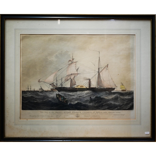 787 - Ackermann prints - 'The View of Her Majesty's Steam Frigate Cyclops', 46 x 63 cm; South Sea Whale Fi... 