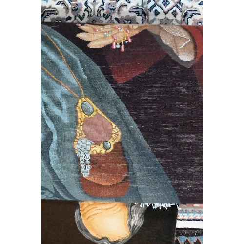 819 - A Persian Picture rug 'The Lady Gambler', two gentlemen flanking lady, 98 cm x 62 cm 