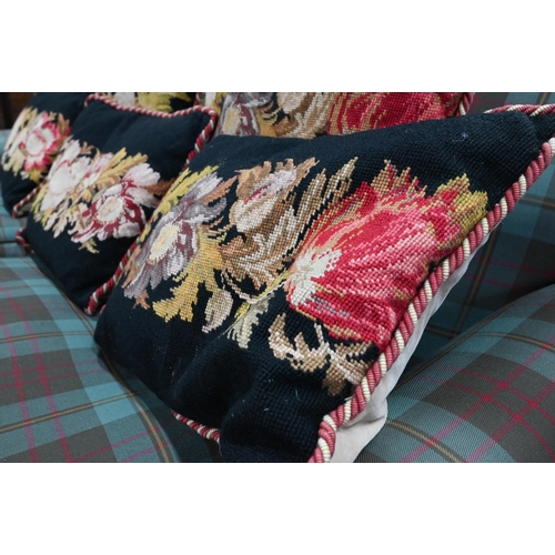 831 - Six black ground needlepoint floral design cushions, approx. 45 cm x 35 cm (6)