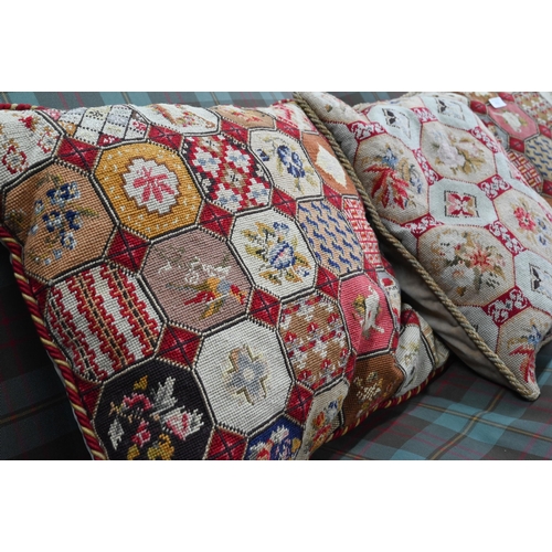 832 - Three floral tile design cushions, two @ 50 cm x 47 cm, one @ 50 cm x 40 cm approx. (3)