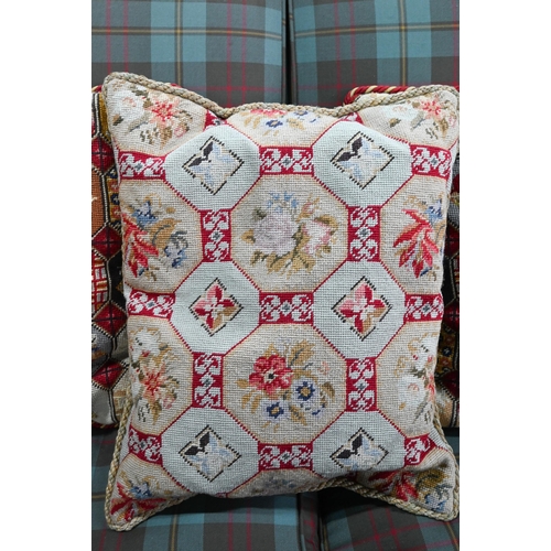 832 - Three floral tile design cushions, two @ 50 cm x 47 cm, one @ 50 cm x 40 cm approx. (3)