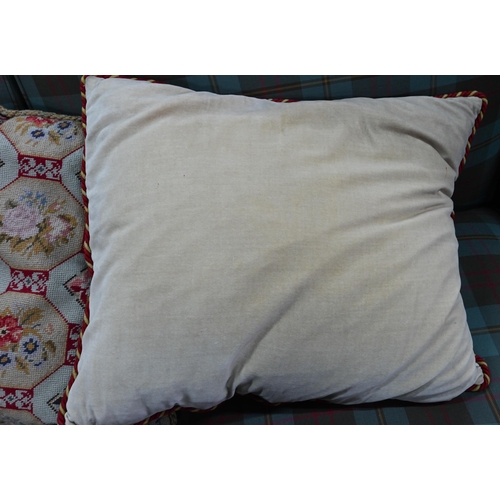 832 - Three floral tile design cushions, two @ 50 cm x 47 cm, one @ 50 cm x 40 cm approx. (3)