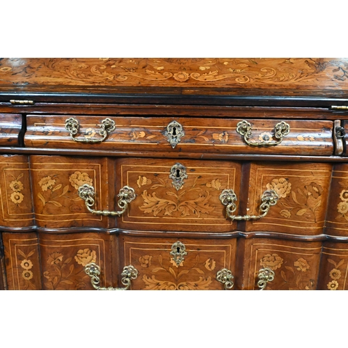 858 - An 18th/19th century Dutch floral marquetry walnut bureau, the hinged slope enclosing a part fitted ... 