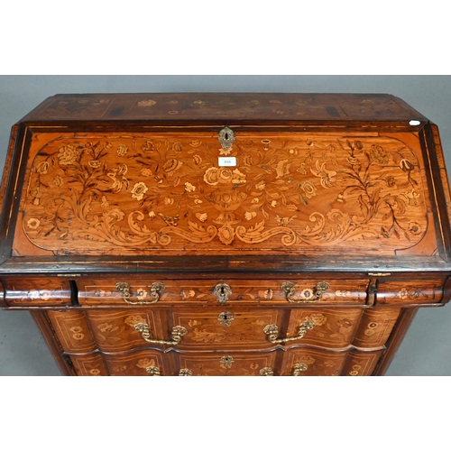 858 - An 18th/19th century Dutch floral marquetry walnut bureau, the hinged slope enclosing a part fitted ... 