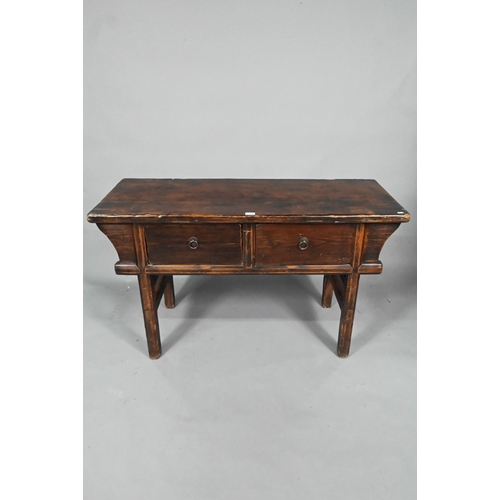 874 - An antique Chinese stained elm two drawer hall table, raised on square legs, 129 cm x 47 cm x 79 cm ... 