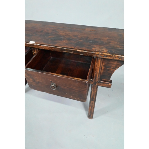 874 - An antique Chinese stained elm two drawer hall table, raised on square legs, 129 cm x 47 cm x 79 cm ... 