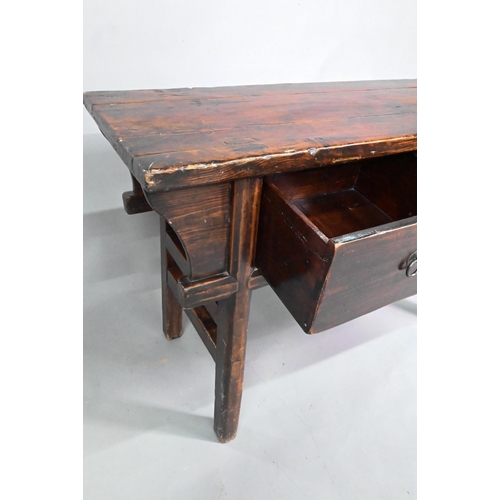 874 - An antique Chinese stained elm two drawer hall table, raised on square legs, 129 cm x 47 cm x 79 cm ... 