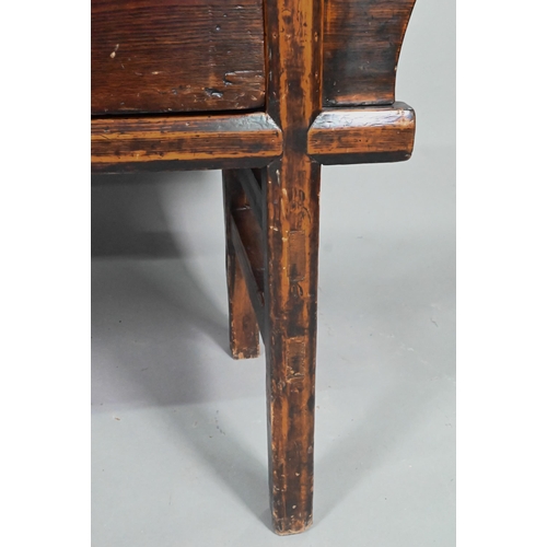 874 - An antique Chinese stained elm two drawer hall table, raised on square legs, 129 cm x 47 cm x 79 cm ... 