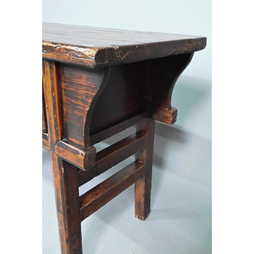 874 - An antique Chinese stained elm two drawer hall table, raised on square legs, 129 cm x 47 cm x 79 cm ... 