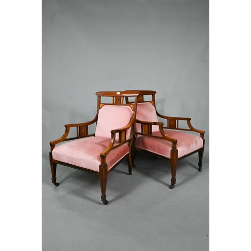 876 - Two companion Edwardian Sheraton Revival style satinwood inlaid rosewood salon armchairs, with confo... 